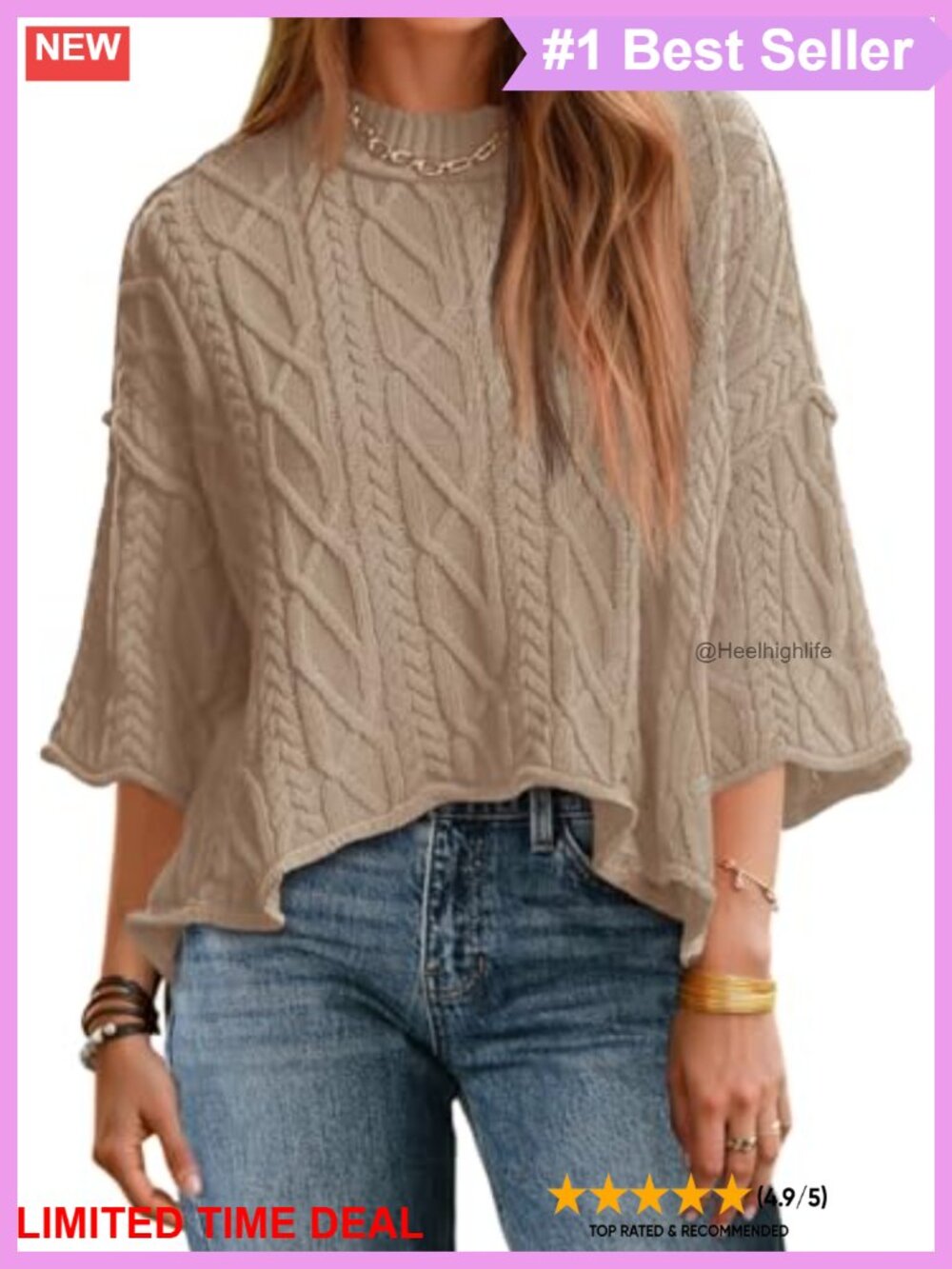 Cable Knit Cropped Sweater Oversized 3/4 Sleeve Pullover Crew Neck